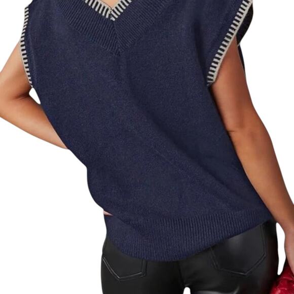 Dokotoo Women's V Neck Sleeveless Sweater Vest Navy Cap Sleeve Blue Size Small - Picture 2 of 6
